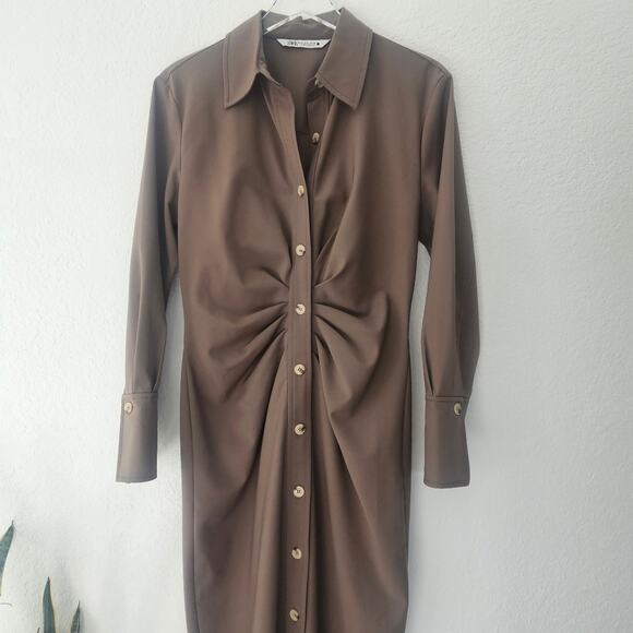 Zara | Blogger Fav Taupe Brown Draped‎ Ruched Front Midi Button-down Dress Sz M - Picture 6 of 12